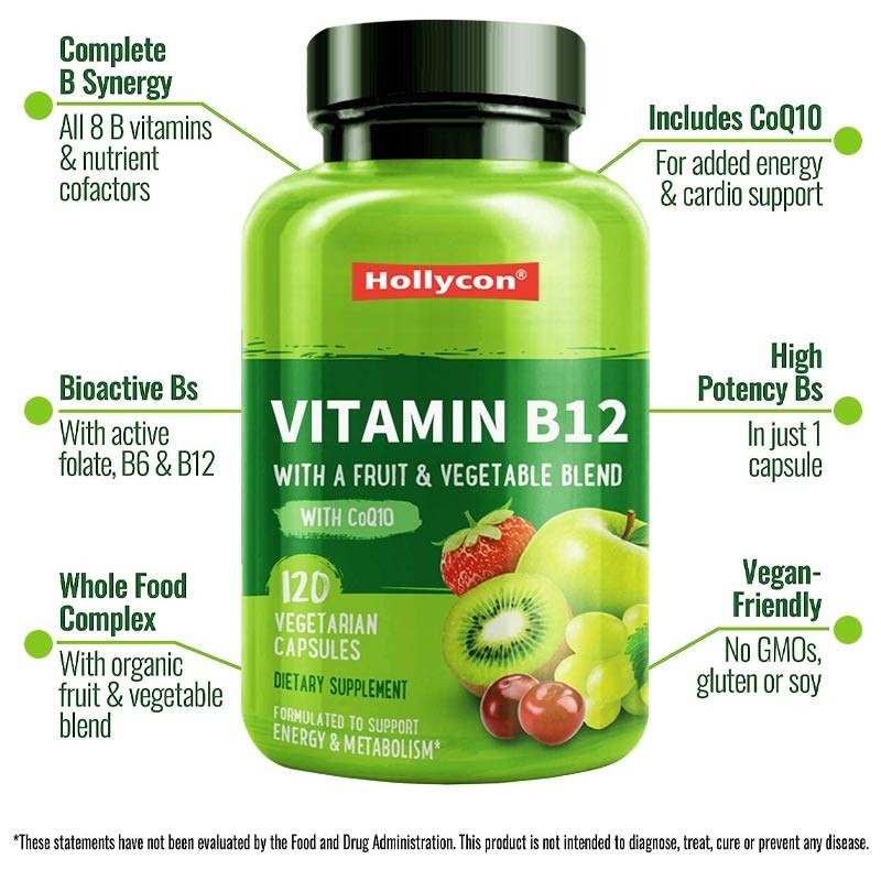 FDA-Vitamin-B12-Kapseln, Methylfolat, Vitamin-B6-Frucht-Gemüse-Mischung, unterstützt Energie, gesund, vegan