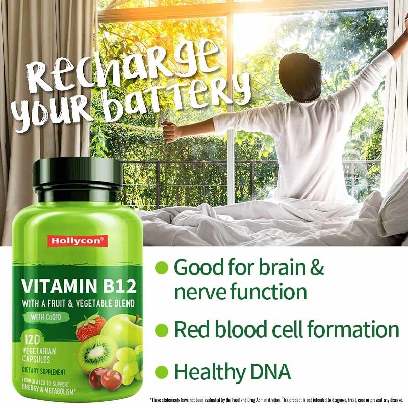 FDA-Vitamin-B12-Kapseln, Methylfolat, Vitamin-B6-Frucht-Gemüse-Mischung, unterstützt Energie, gesund, vegan