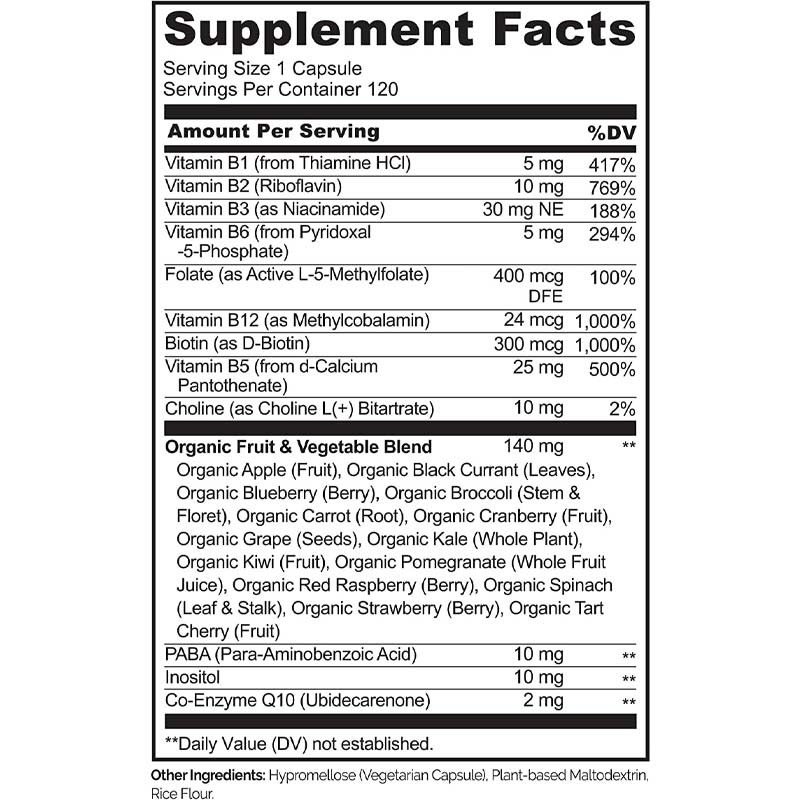 FDA-Vitamin-B12-Kapseln, Methylfolat, Vitamin-B6-Frucht-Gemüse-Mischung, unterstützt Energie, gesund, vegan