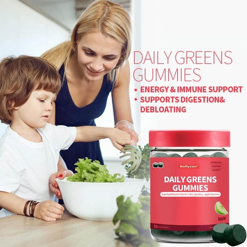 2024 Neue Ankunft Täglich Grün Gummies Superfood Booster Vitamin C B12 Spirulina Apfelgummies