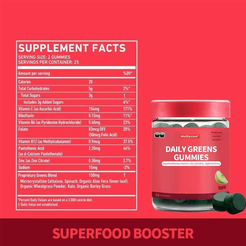 2024 Neue Ankunft Täglich Grün Gummies Superfood Booster Vitamin C B12 Spirulina Apfelgummies
