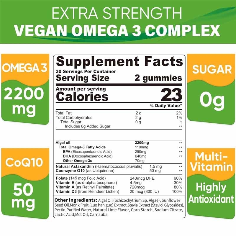 OEM-Unterstützung DHA Vitamin E A D3 für Gehirn-Augen-Gelenke Algen Omega-3 2200mg Gummies