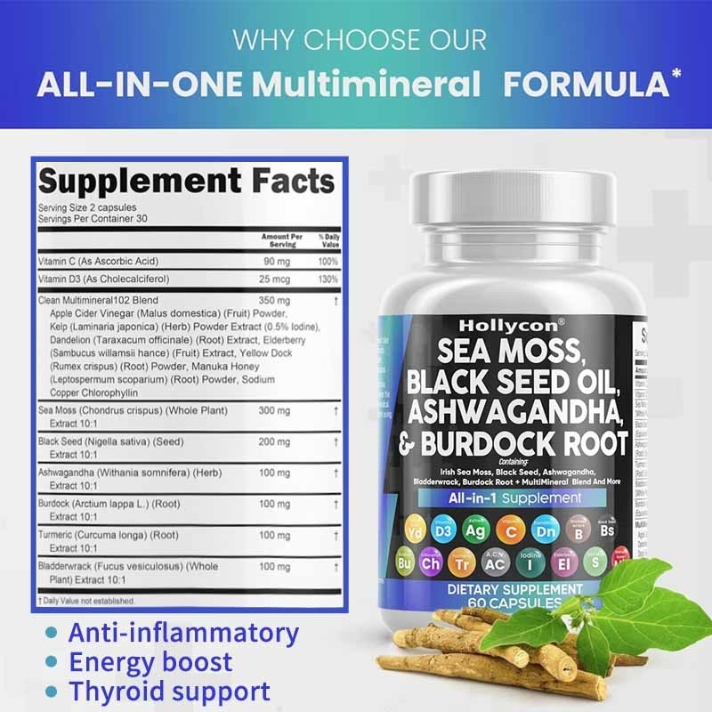 OEM Ashwagandha Kurkuma Vitamin C D3 für Erwachsene Meeresmoos Schwarzkümmelöl Kapseln