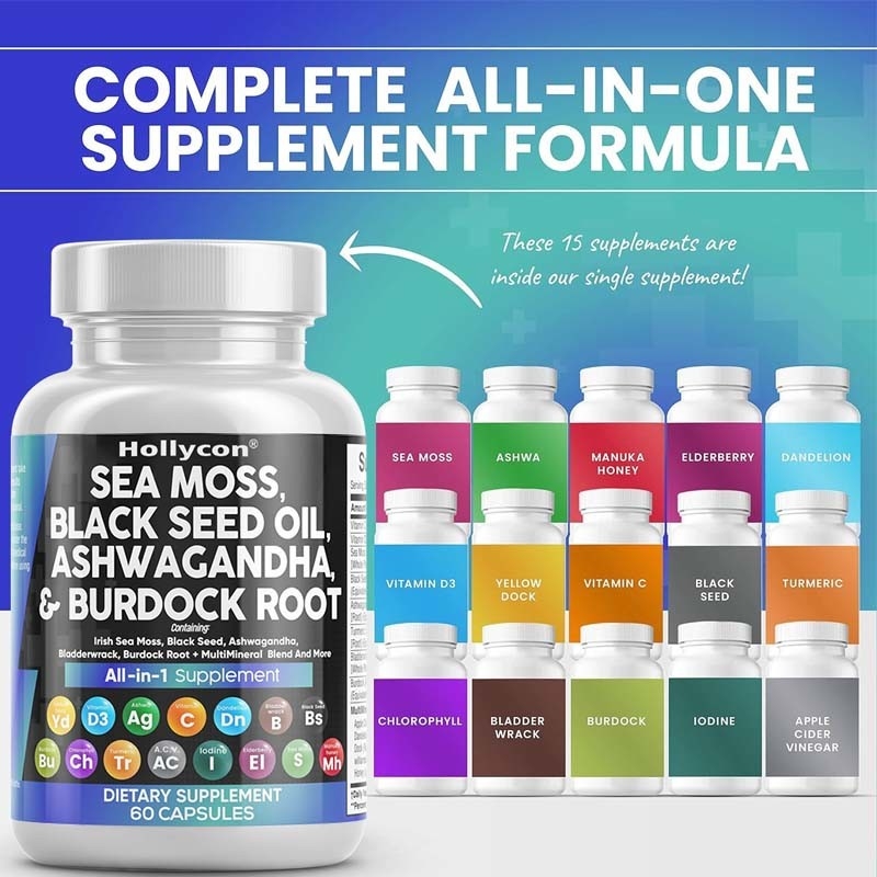OEM Ashwagandha Kurkuma Vitamin C D3 für Erwachsene Meeresmoos Schwarzkümmelöl Kapseln