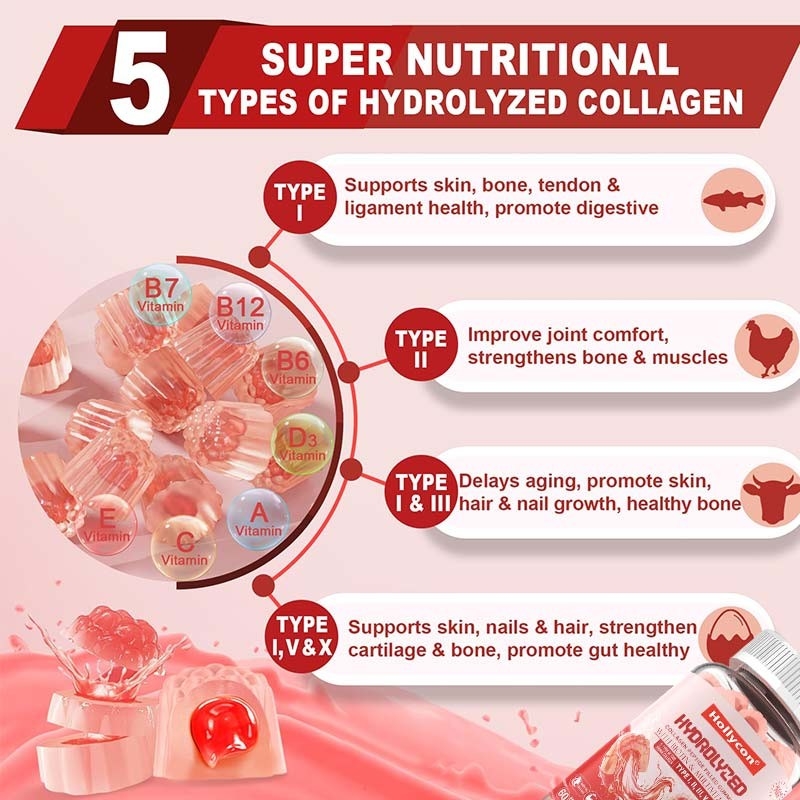 Zuckerfreies Hydrolysiertes Kollagenpeptid gefüllt mit Gummies Protein Typ I,II,III,V,X mit Biotin Vitamin