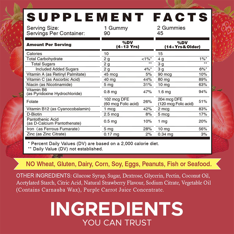 Eisenvegan Gummies für Erwachsene 60mcg Folsäure Eisen Gummies für Energie Unterstützung