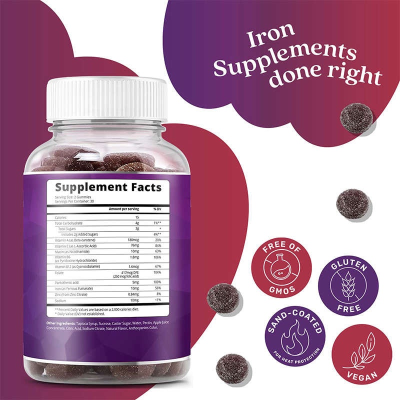 OEM-Eisengummies für Frauen 250mcg Folsäure Eisengummies für Eisenunterstützung