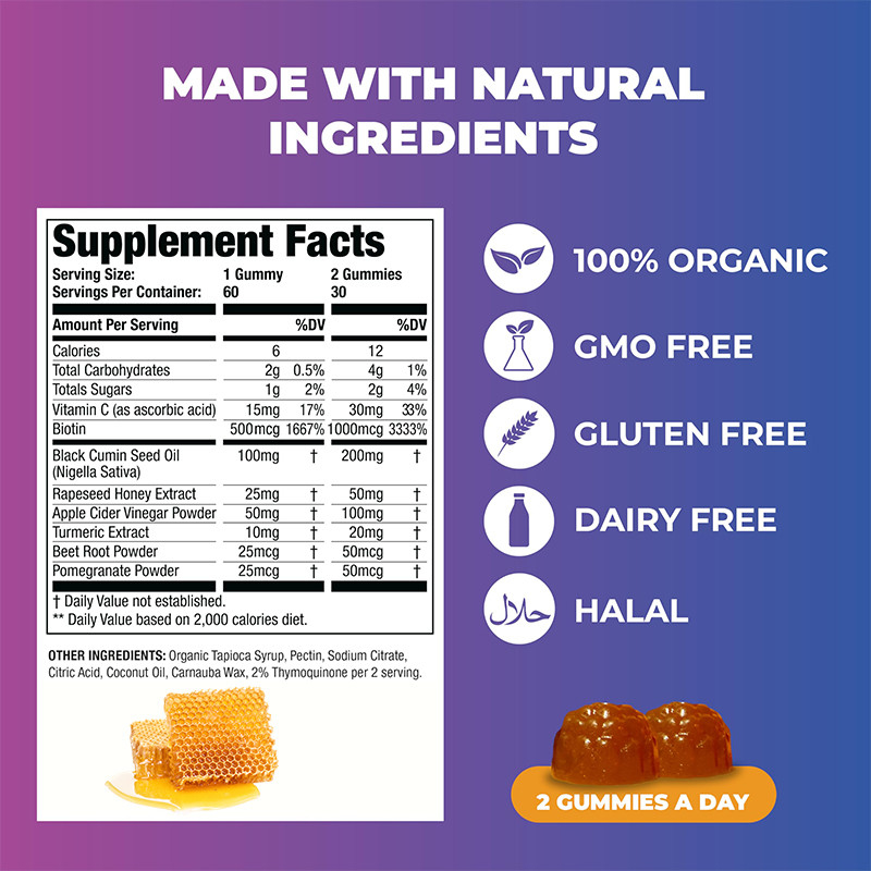 Schwarze Samenöl und Honig Gummies 200 mg Schwarze Samenöl Extrakt zur Unterstützung des Immunsystems