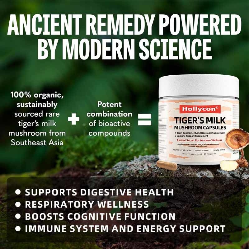 Pilz-Ergänzungsmittel für Haarwachstum, Darm, Verdauung, Gehirn, Lunge, Gesundheit, kognitive Funktion, Atmung, Tiger-Milch-Pilze, Kapseln