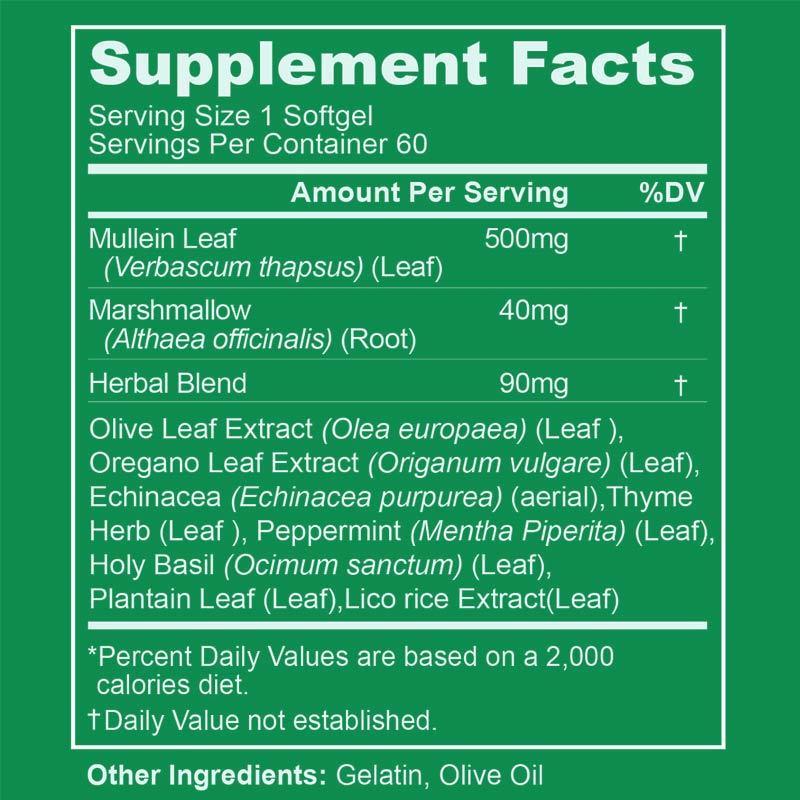 Königskerzenblatt-Extrakt für Lungen-Softgels, Lungen-Detox für Raucher, Lungenreinigung zur Unterstützung der Atemwege, Kräuterergänzungsmittel, Vegan, Ohne Gentechnik, Immun- und Verdauungsunterstützung, 180 Stück, 180 Tage Vorrat