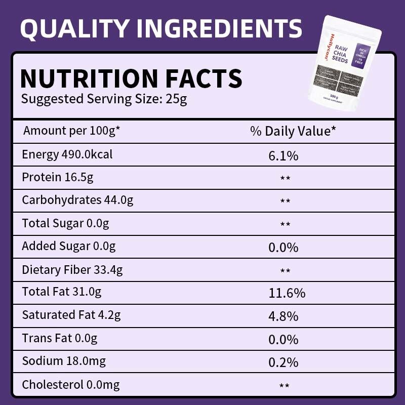 OEM / ODM Chiasamen 500g, Packung mit 1 | Samen zum Essen | Samen zur Gewichtskontrolle | Reich an Kalzium, Protein & Ballaststoffen, ohne Zuckerzusatz, individuelle Rezeptur