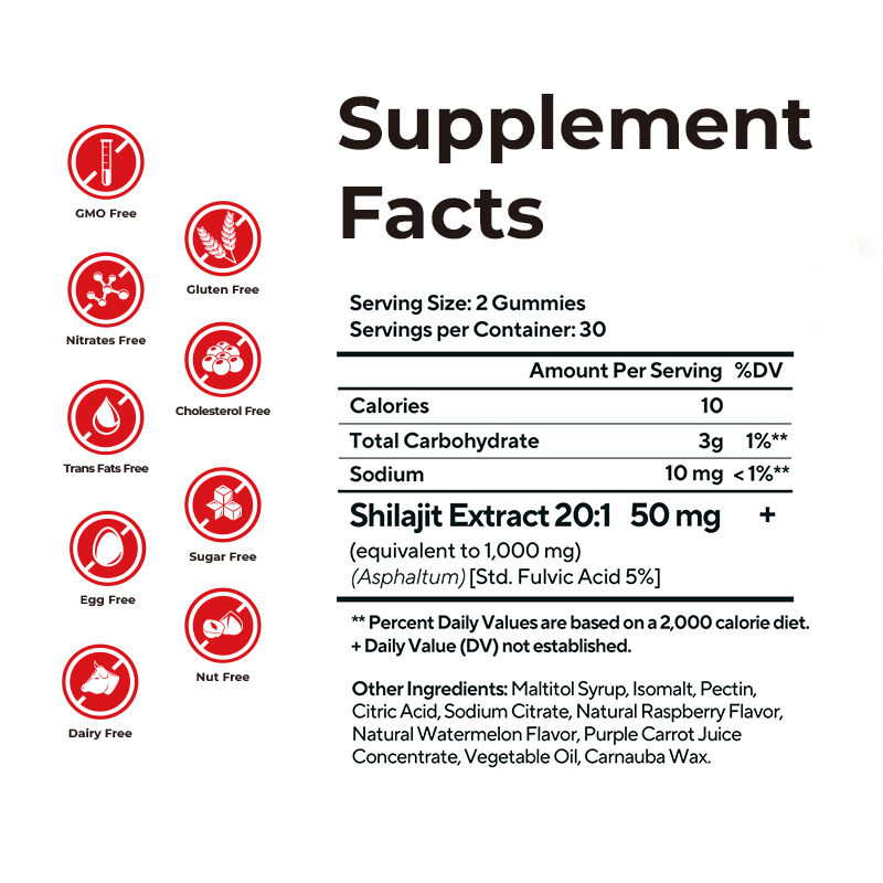 Private Label Shilajit Männer Gummies Fulvinsäure Zuckerfreier Nahrungsergänzungsmittel Normaler Energieniveau und Immunfunktion