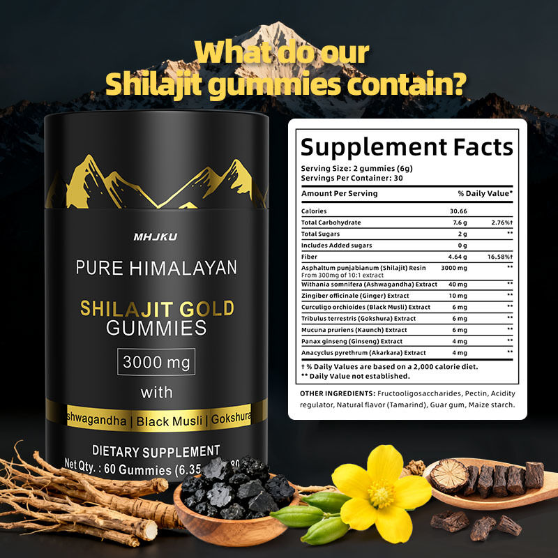 OEM 3000 mg mit Ashwagandha & Schwarze natürliche Energie & Immunförderung Ausdauer & Stimmung steigern reine Himalaya Shilajit Gummies