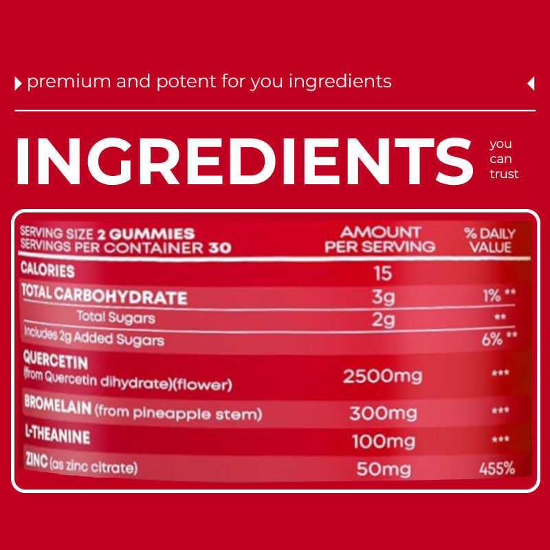 Private Label Bromelain L-Theanin Zink Ergänzung Vegane Ergänzungen für Kinder Erwachsene Quercetin Gummies