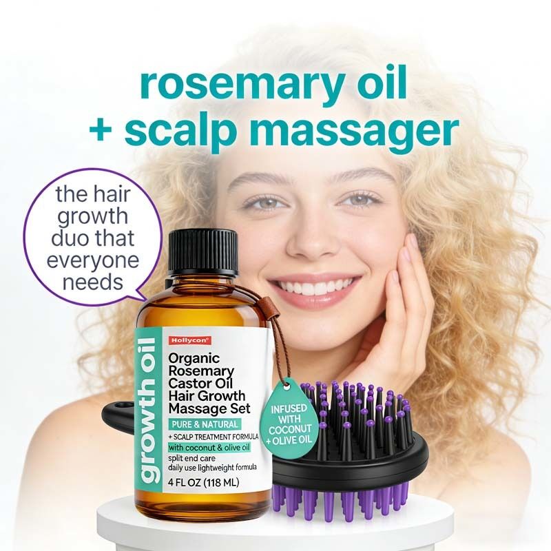 Bio Rosmarin & Rizinusöl Haarwachstums-Massage-Set für Kopfhautpflege, nährende Behandlung & volleres, dichteres Haar