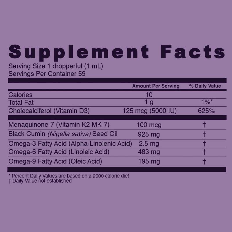 OEM/ODM Maßgeschneiderte Flüssigkeit von Schwarzkümmelöl mit Vitamin D3 K2 & E unterstützt die Immun- und Knochengesundheit, Darmgesundheit, Antioxidans