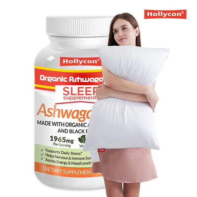 Bio-Ashwagandha-Kapseln mit schwarzem Pfeffer helfen, Stress zu lindern, Schlaf zu verlieren und Müdigkeit zu vermeiden.